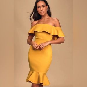 Lulus Confidence Boost Mustard Yellow Off-the-Shoulder Bodycon Dress Small